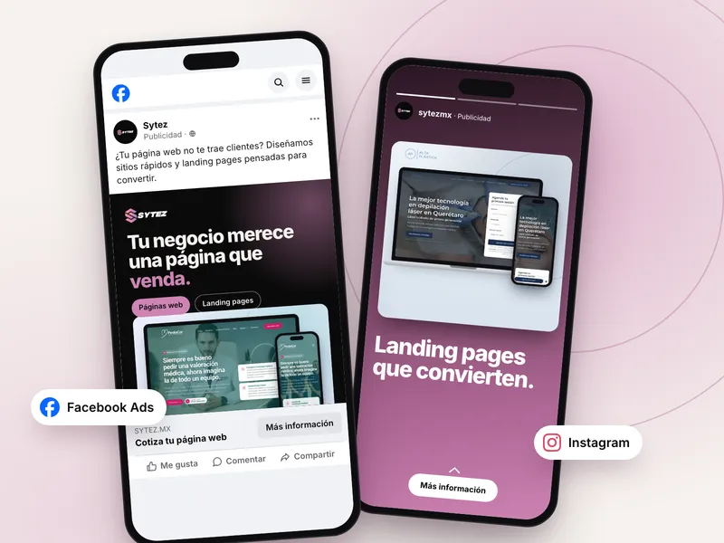 Anuncio de Sytez en el feed de Facebook y en historias de Instagram, mostrado en dos celulares