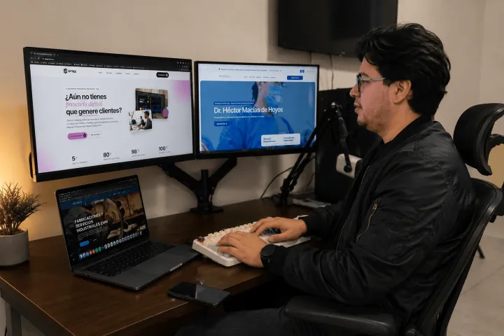 Desarrollador de Sytez trabajando en una página web frente a sus monitores