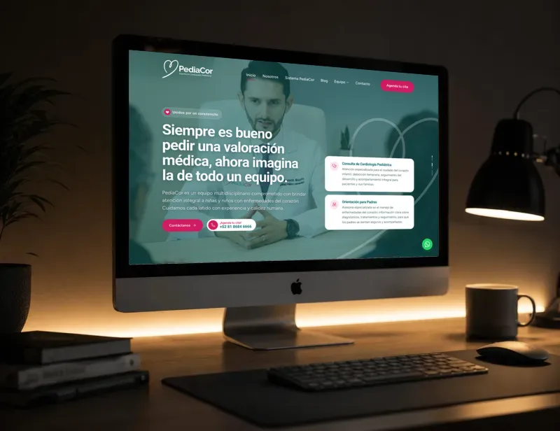 iMac mostrando la página web de PediaCor desarrollada por Sytez