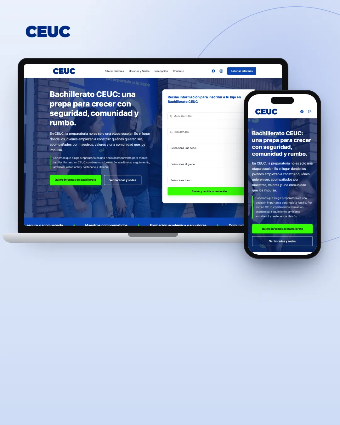 Landing page del Bachillerato CEUC mostrada en una laptop y un celular