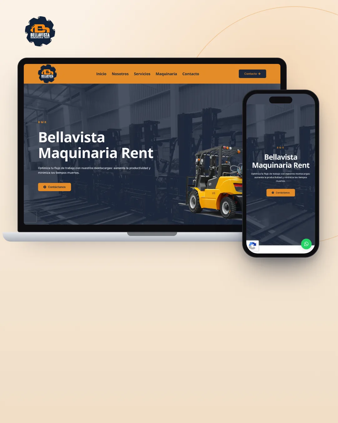 Landing page de Bellavista Maquinaria Rent (BMR) mostrada en una laptop y un celular