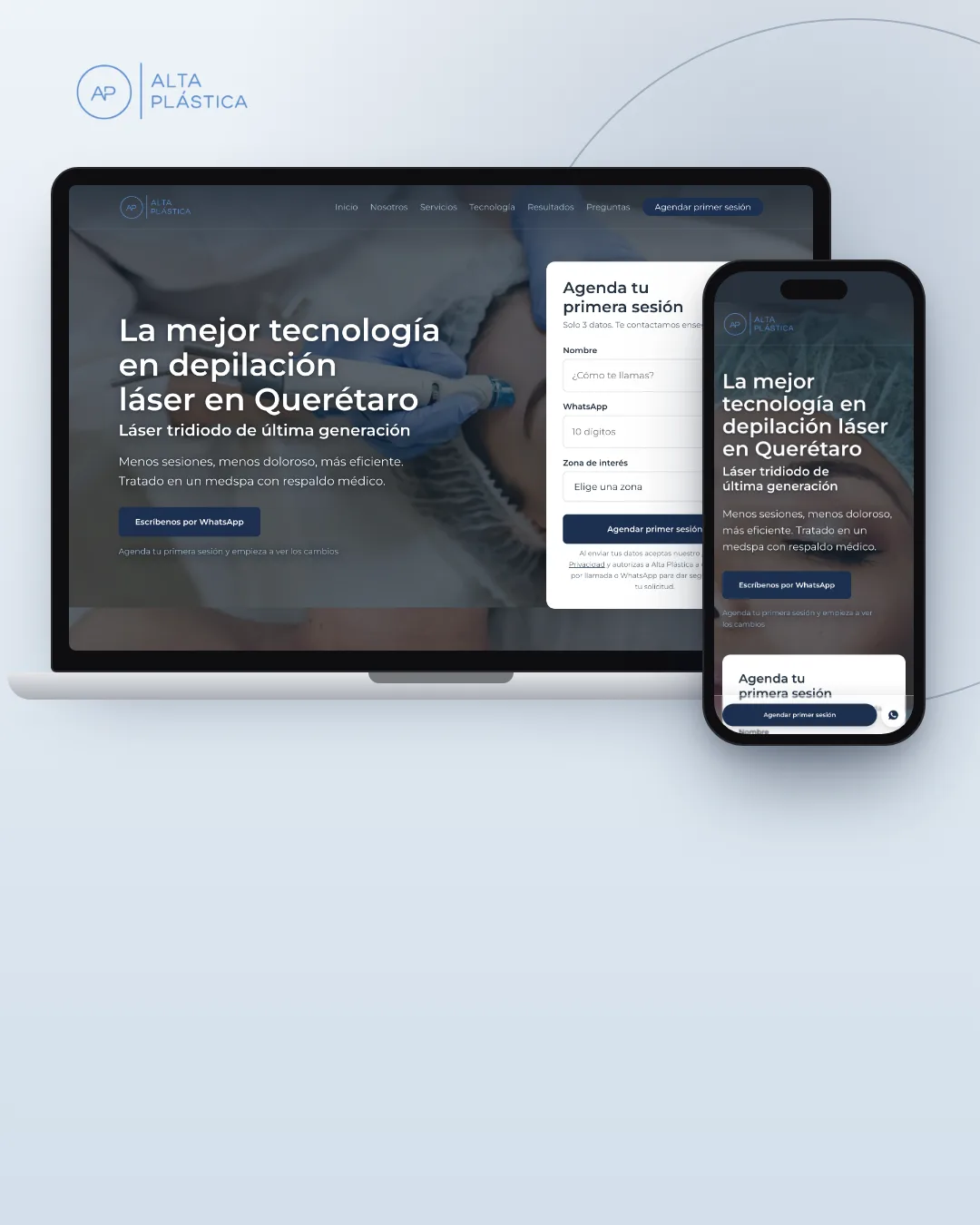 Landing page de depilación láser de Alta Plástica mostrada en una laptop y un celular