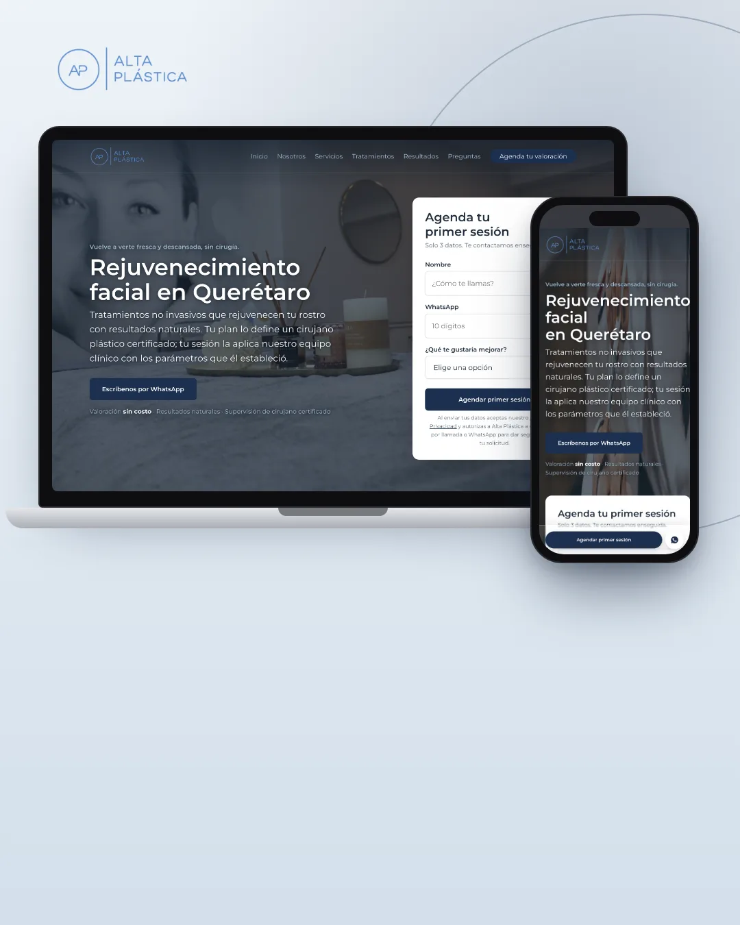 Landing page de rejuvenecimiento facial de Alta Plástica mostrada en una laptop y un celular