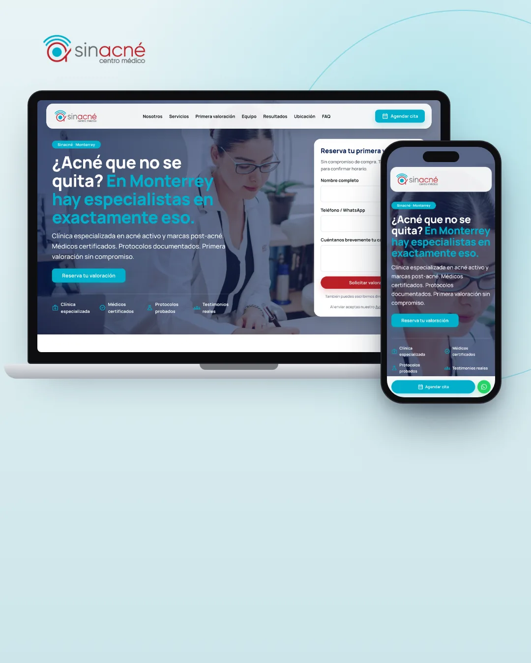 Landing page de Sinacné Monterrey mostrada en una laptop y un celular