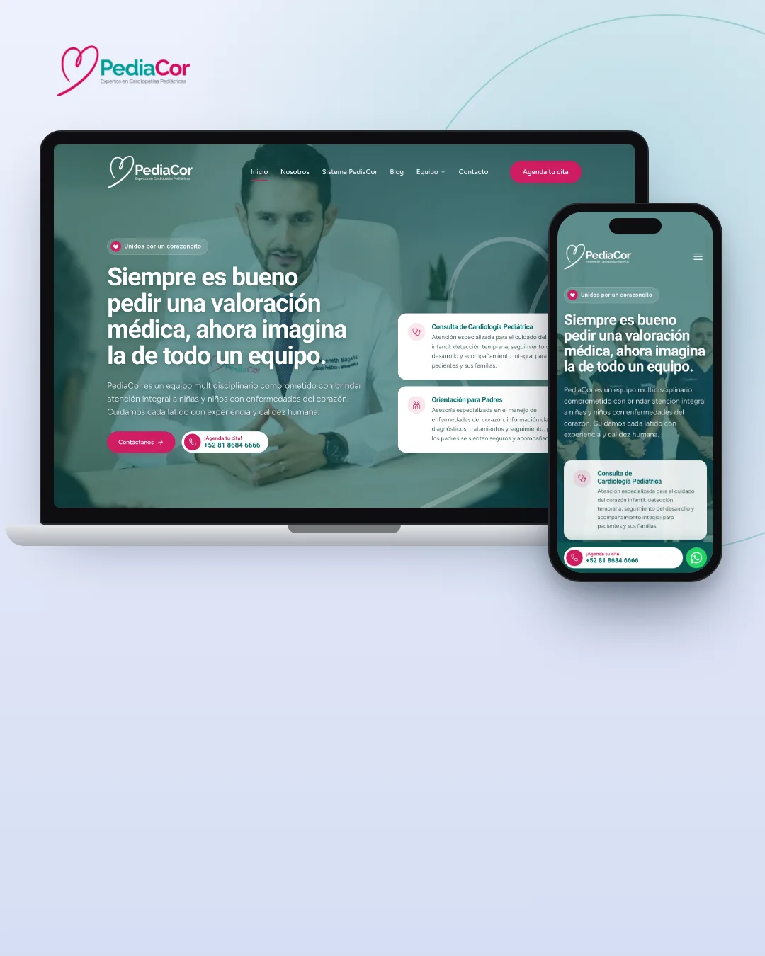 Sitio web de PediaCor mostrado en una laptop y un celular
